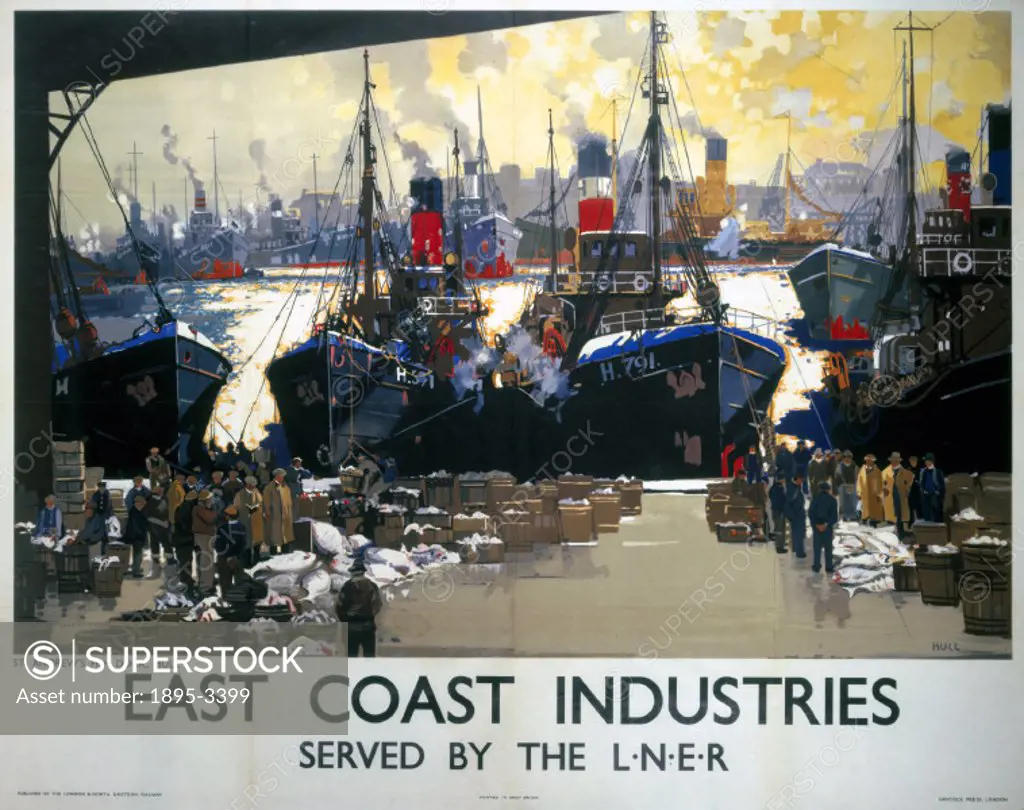 Poster produced for the London & North Eastern Railway (LNER), showing a view of St Andrew´s Fish Dock, Hull, where wooden crates of fish are being un...