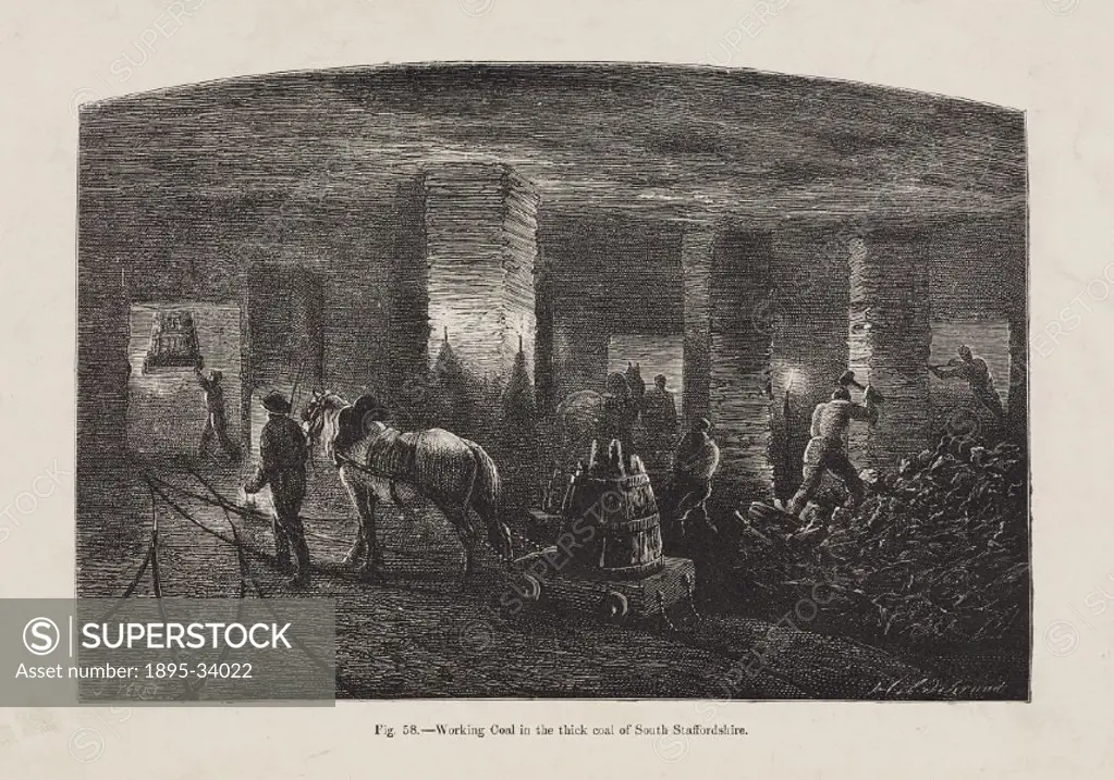 Mining scene with a miner leading a pit pony pulling a wagon of coal. The coal is lifted up the shaft, (left), and men work the seam with sledgehammer...
