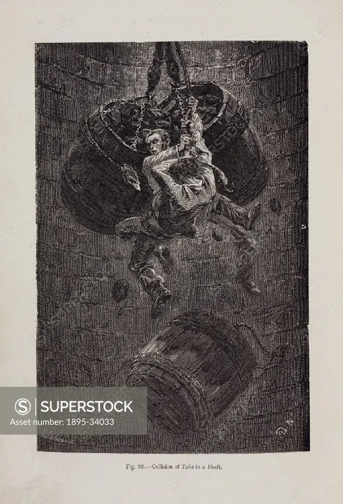 Miners cling desperately to a rope after a collision between barrels of coal being lifted to the surface. Illustration from Underground life, or, Min...