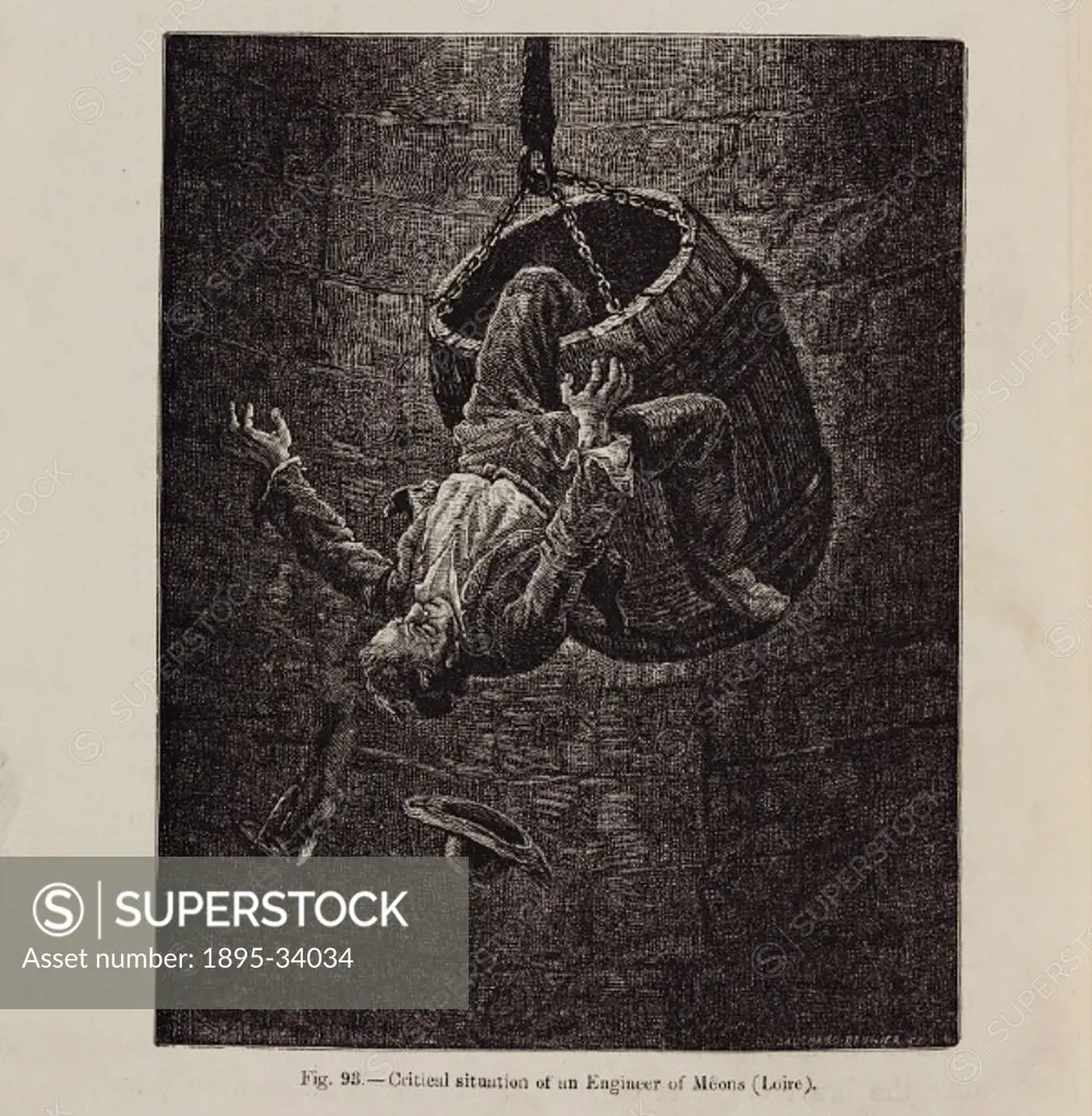 A French engineer falls out of a barrel used to transport coal and people between the surface and the coalface. Illustration from Underground life, o...