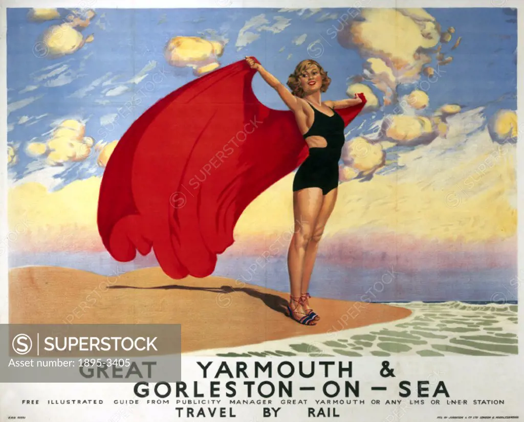 Poster produced for the London Midland & Scottish Railway (LMS) and the London & North Eastern Railway (LNER), promoting rail travel to the Norfolk se...