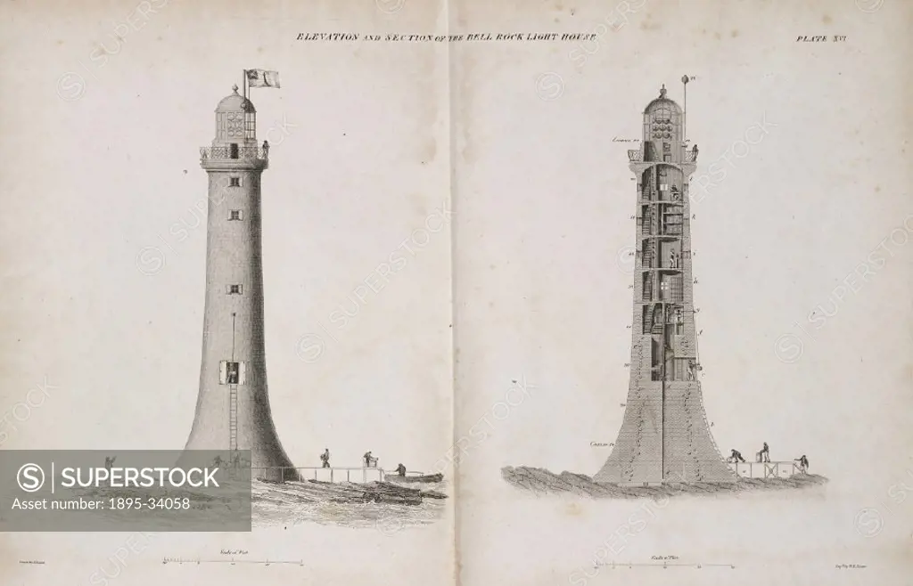 Engraving showing the completed lighthouse being provisioned, (left), and the entrance to the lighthouse as well as the five internal rooms of the hou...