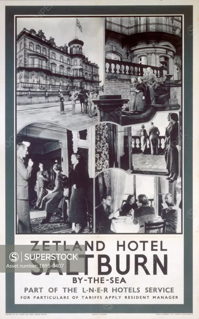 London & North Eastern Railways poster. Series of photographic views showing interior and exterior of hotel. 1010 x 640mm.
