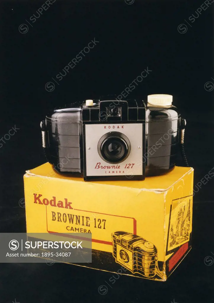 Kodak camera that uses 127mm film and has a bakelite body, made in UK. George Eastman marketed the original Brownie to be an inexpensive camera for th...