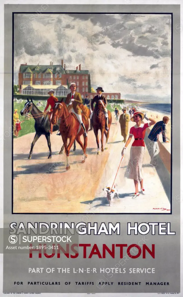 London & North Eastern Railway poster showing horses and riders on the promenade, with the hotel in the distance. Artwork by Michael.