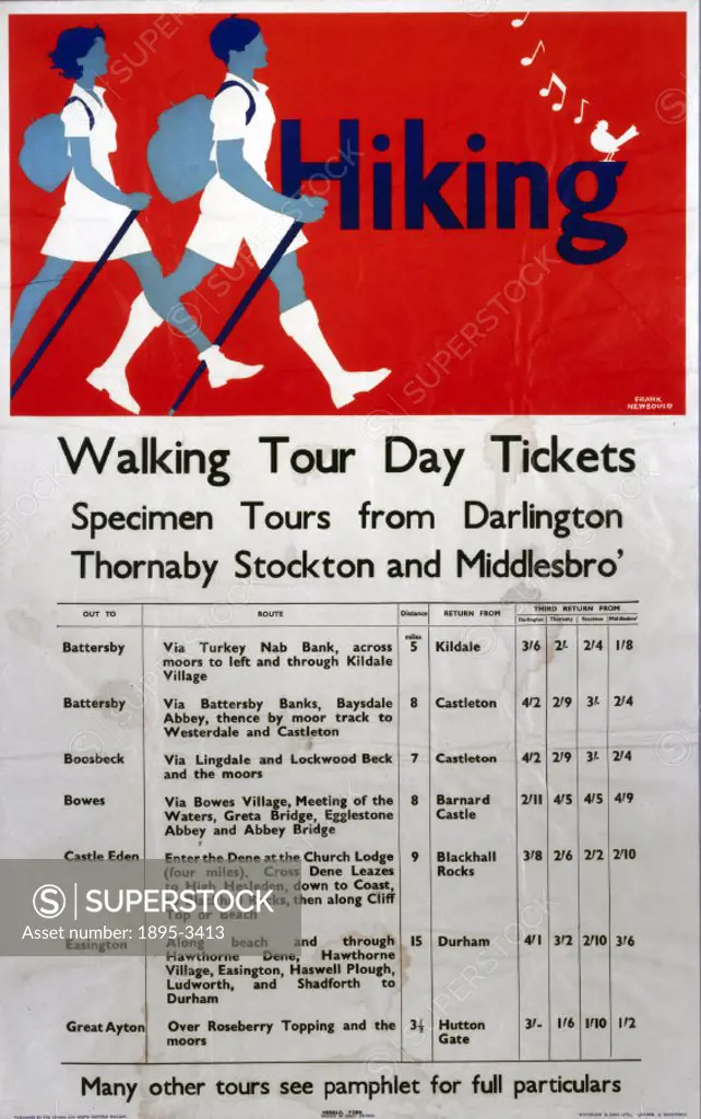 Poster produced for the London & North Eastern Railway (LNER), promoting walking tour day tickets from Darlington, Thornaby, Stockton and Middlesbroug...