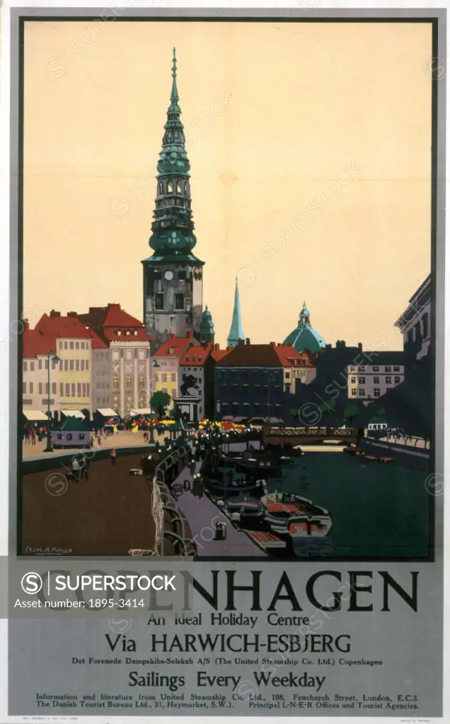 Poster produced for the London & North Eastern Railway, United Steamship Co Ltd and Danish Tourist Bureau, showing a view of one of Copenhagen´s squar...