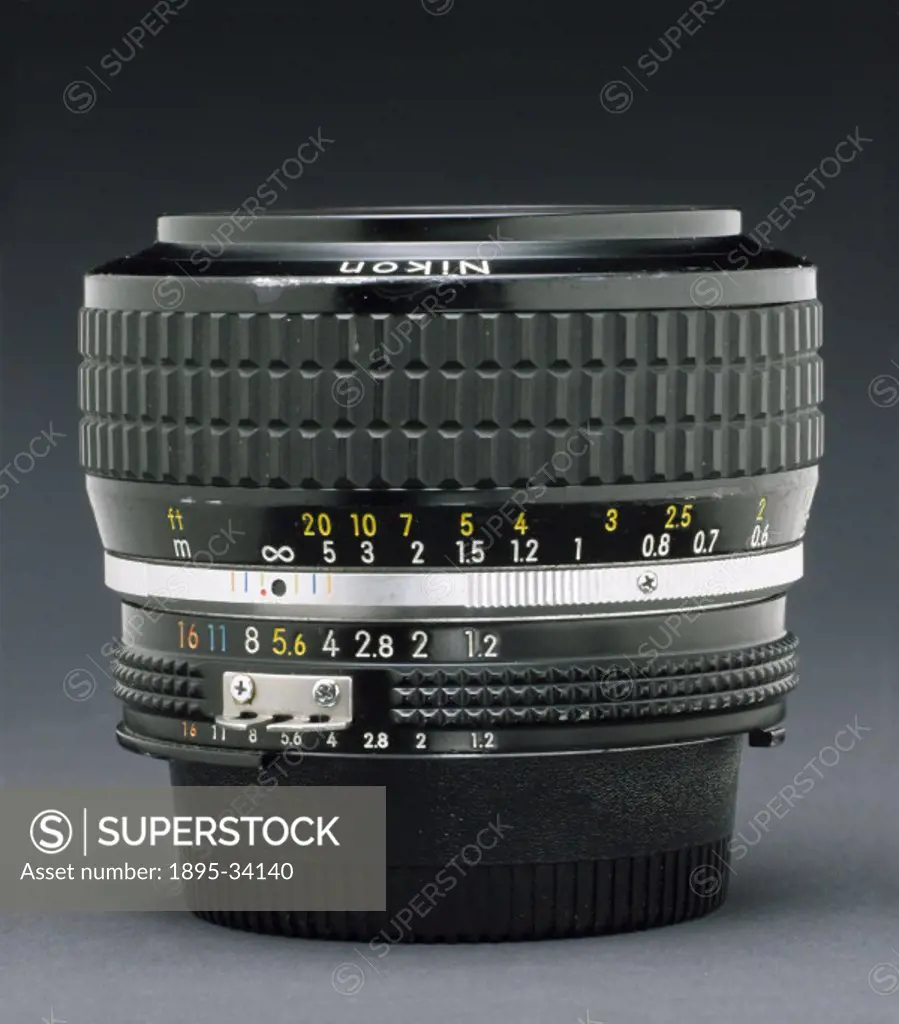 Side view showing f stops. Maual focus lens made by Nikon, Japan.