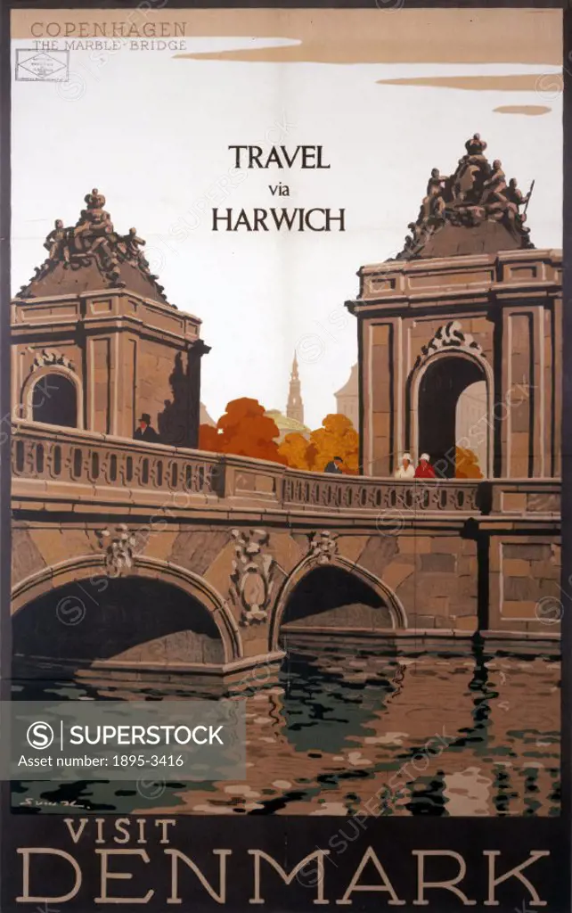 Poster produced for the London & North Eastern Railway, promoting rail travel, via the port of Harwich, to Denmark, showing a view of Copenhagen´s Mar...