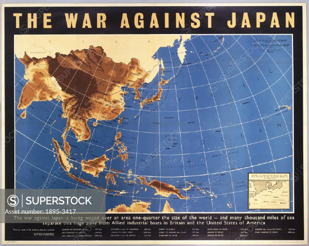 Poster showing a map of the Pacific war zone, printed for HM Stationary Office by Field Sons & Co Ltd, Bradford.