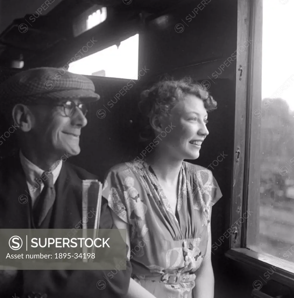 Photograph taken on an express train service to St Pancas station, London, during the making of the British Transport Films production ‘Party Travel...