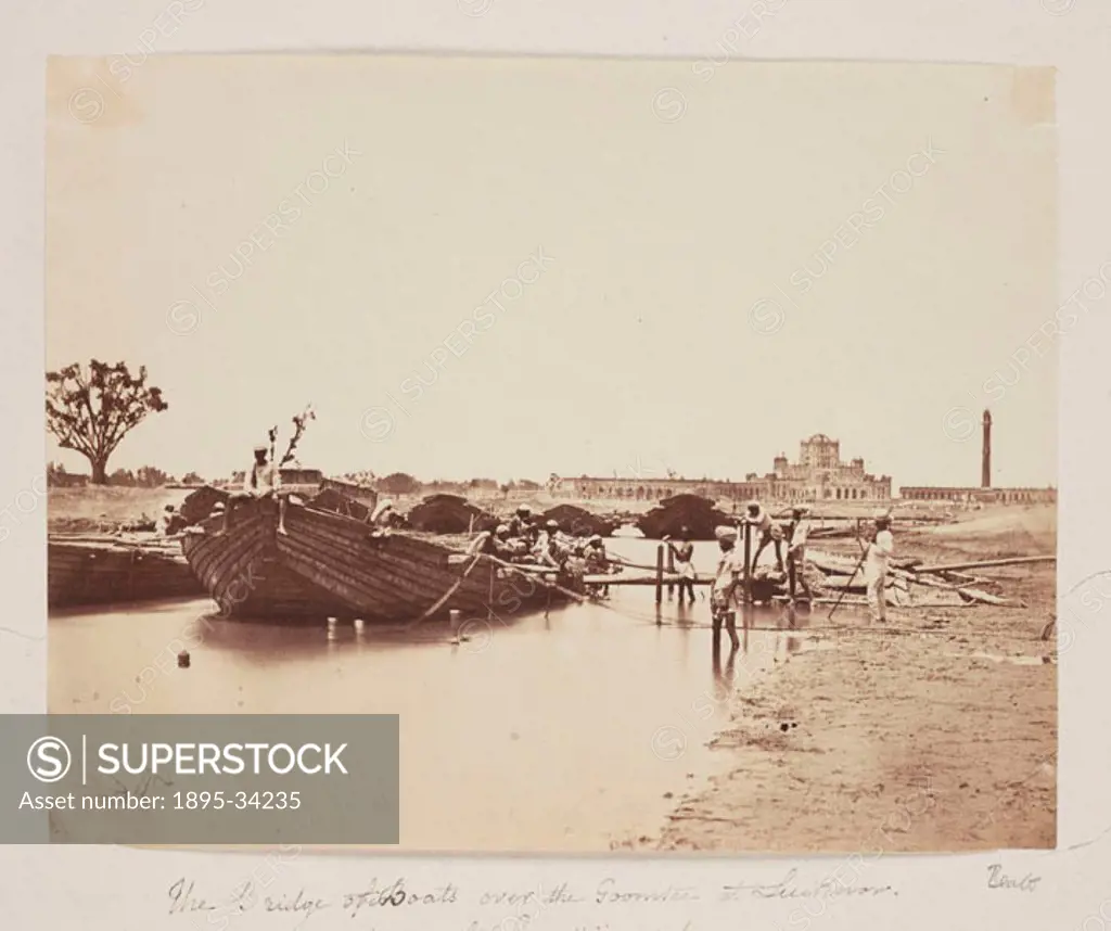 A photograph of a temporary bridge over the River Gomti at Lucknow, India, taken by Felice Beato. Beato, a Venetian by birth, initially worked as a ph...