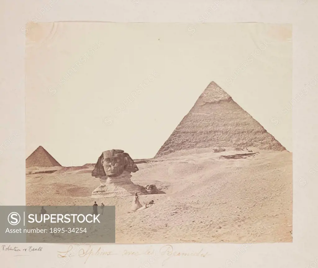 A photograph of the Sphinx and the Pyramids at Giza, Egypt,  taken by Robertson, Beato and Co. Felice Beato, a Venetian by birth, initially worked as ...
