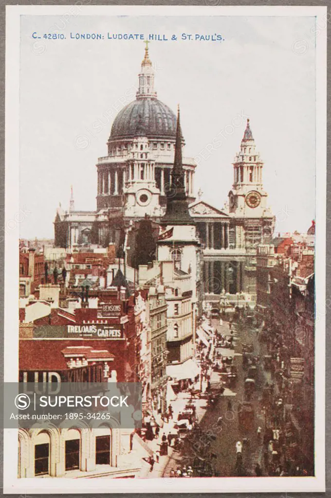 A reproduction of a colour photograph of Ludgate Hill leading to St Paul´s Cathedral in London, taken by an unknown photographer and published in a bo...