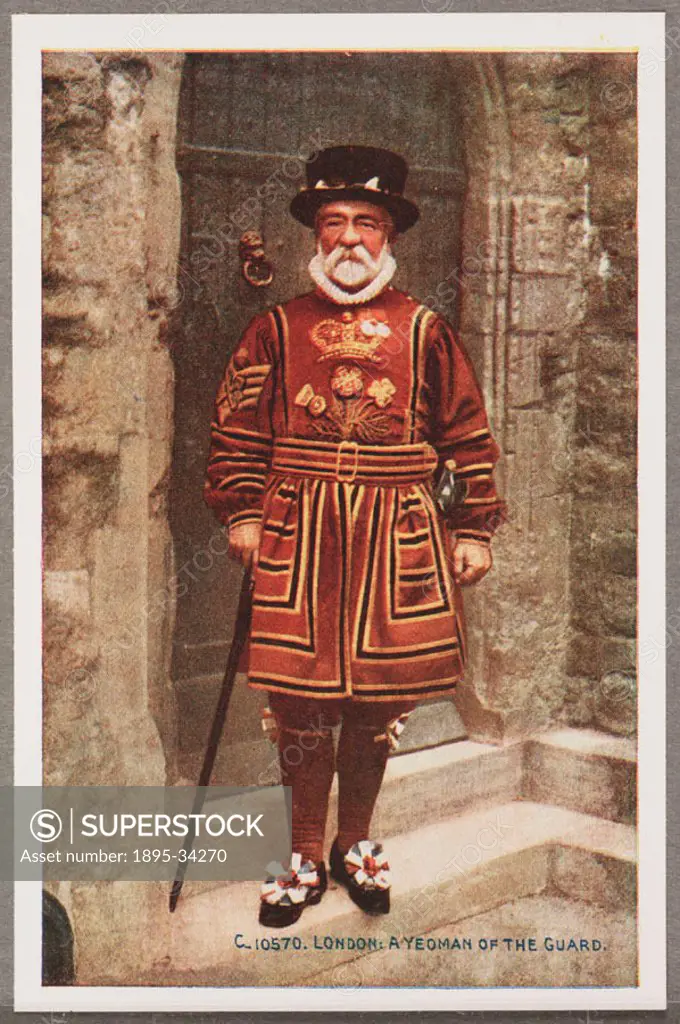 A reproduction of a colour photograph of a Yeoman Of The Guard, or ´Beefeater´ at the Tower of London, taken by an unknown photographer and published ...
