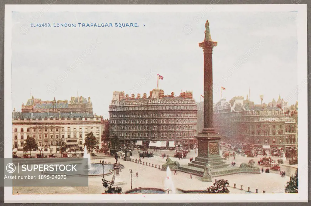 A reproduction of a colour photograph of Trafalgar Square and Nelson´s Column, London, taken by an unknown photographer and published in a book entitl...
