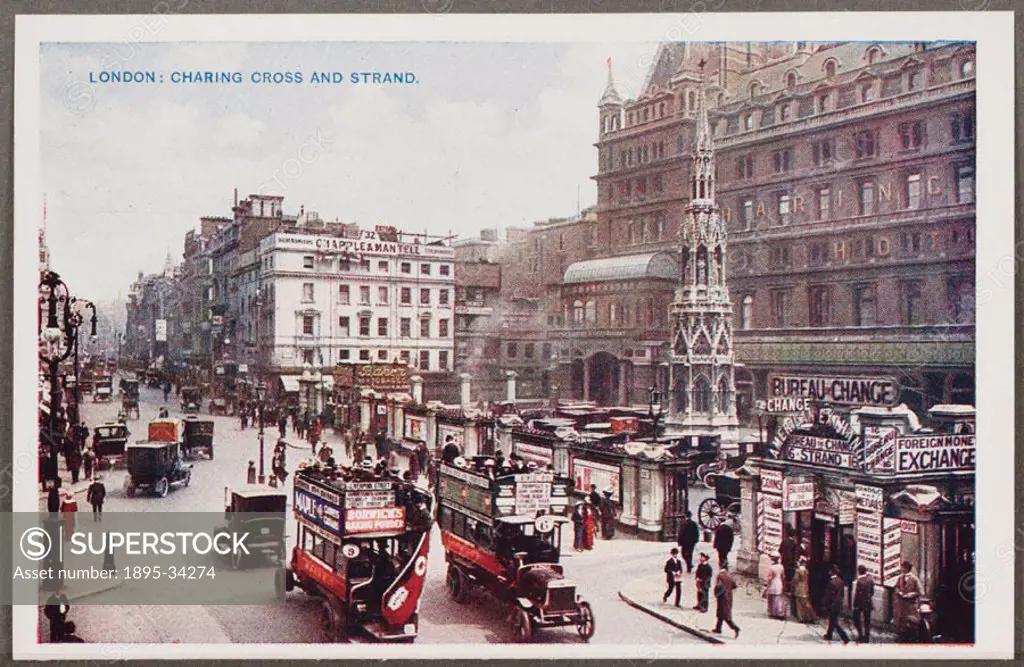 A reproduction of a colour photograph of Charing Cross station and the Strand, London, taken by an unknown photographer and published in a book entitl...