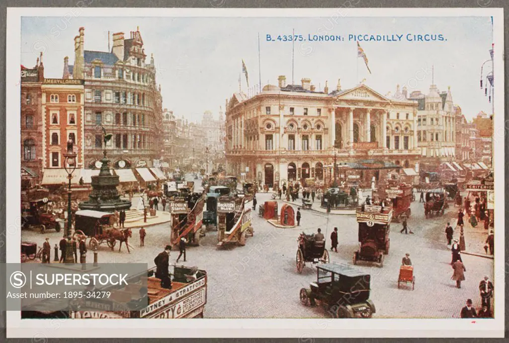 A reproduction of a colour photograph of Piccadilly Circus, London, taken by an unknown photographer and published in a book entitled ´London In Colou...