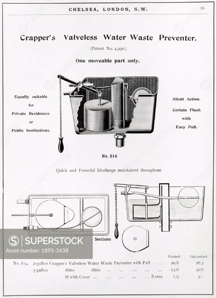 Plate taken from a ´Catalogue of Sanitary Appliances´ by Thomas Crapper & Company (1902). Thomas Crapper (1837-1910) started a plumbing business in Ch...