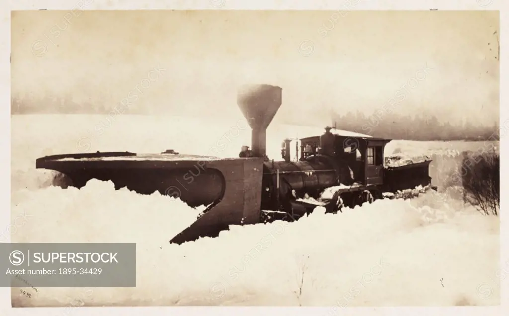 A photograph of a train fitted with a snowplough stuck in a snowdrift, taken by William McFarlane Notman (1826-1891) in 1860 during the Royal Visit to...