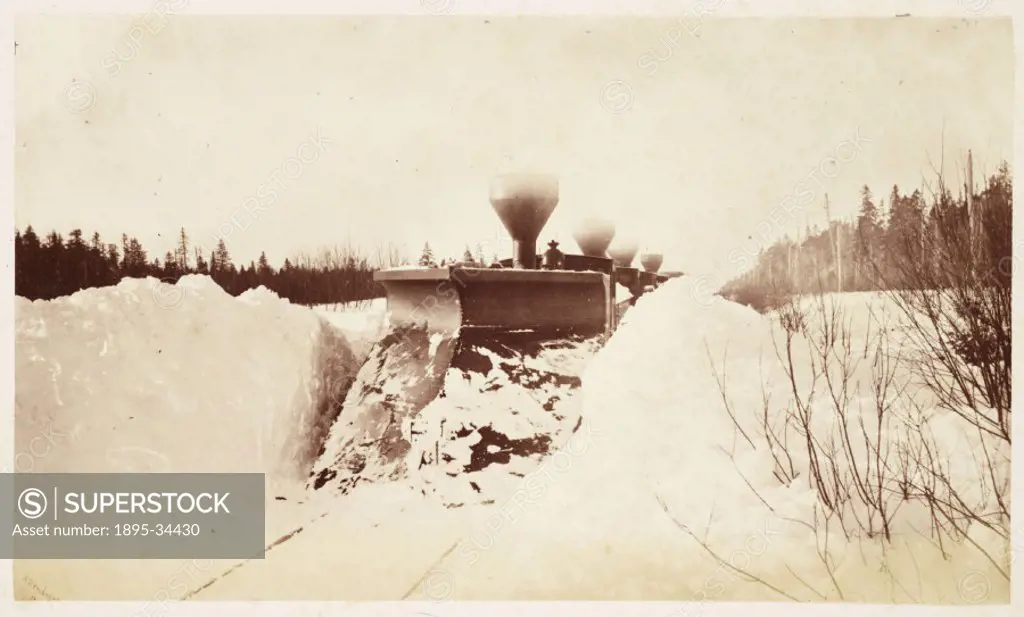 A photograph of a train fitted with a snowplough stuck in a snowdrift, taken by William McFarlane Notman (1826-1891) in 1860 during the Royal Visit to...