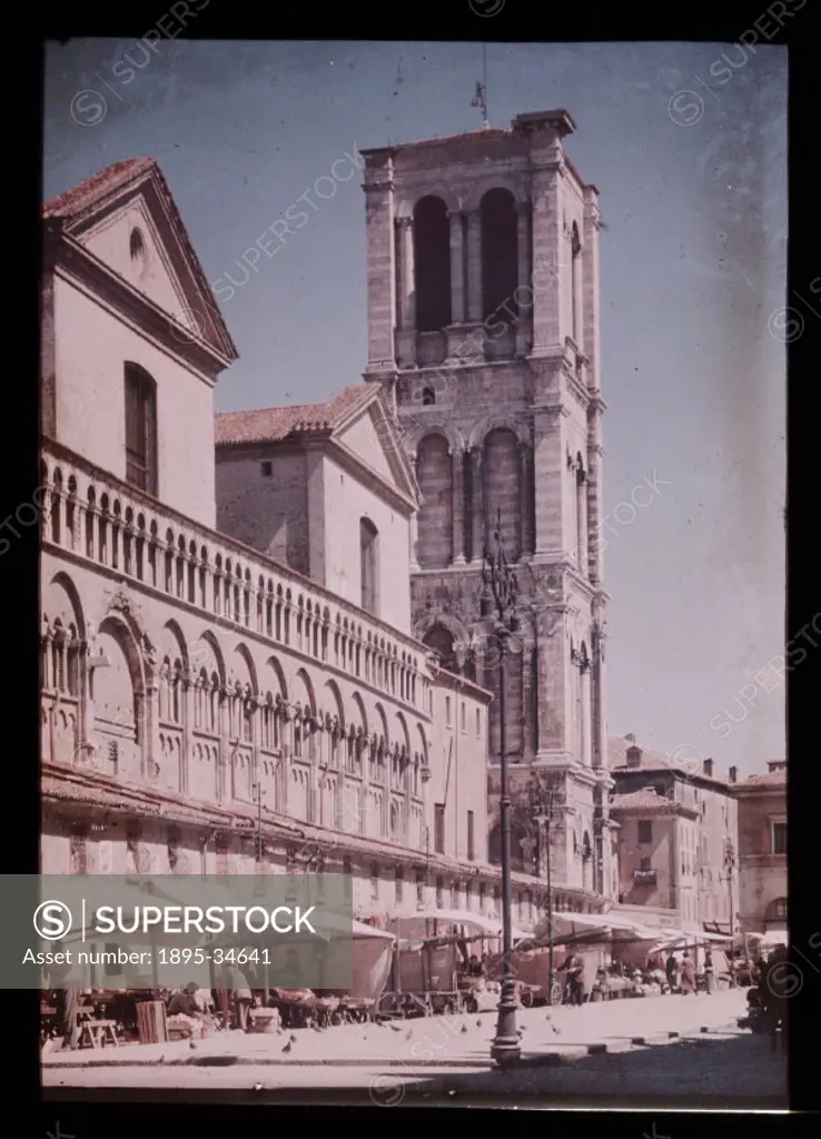 A Dufaycolor colour transparency of the Cathedral in Ferrara, Italy, taken by an unknown photographer in about 1937.  Built during the 12th Century it...
