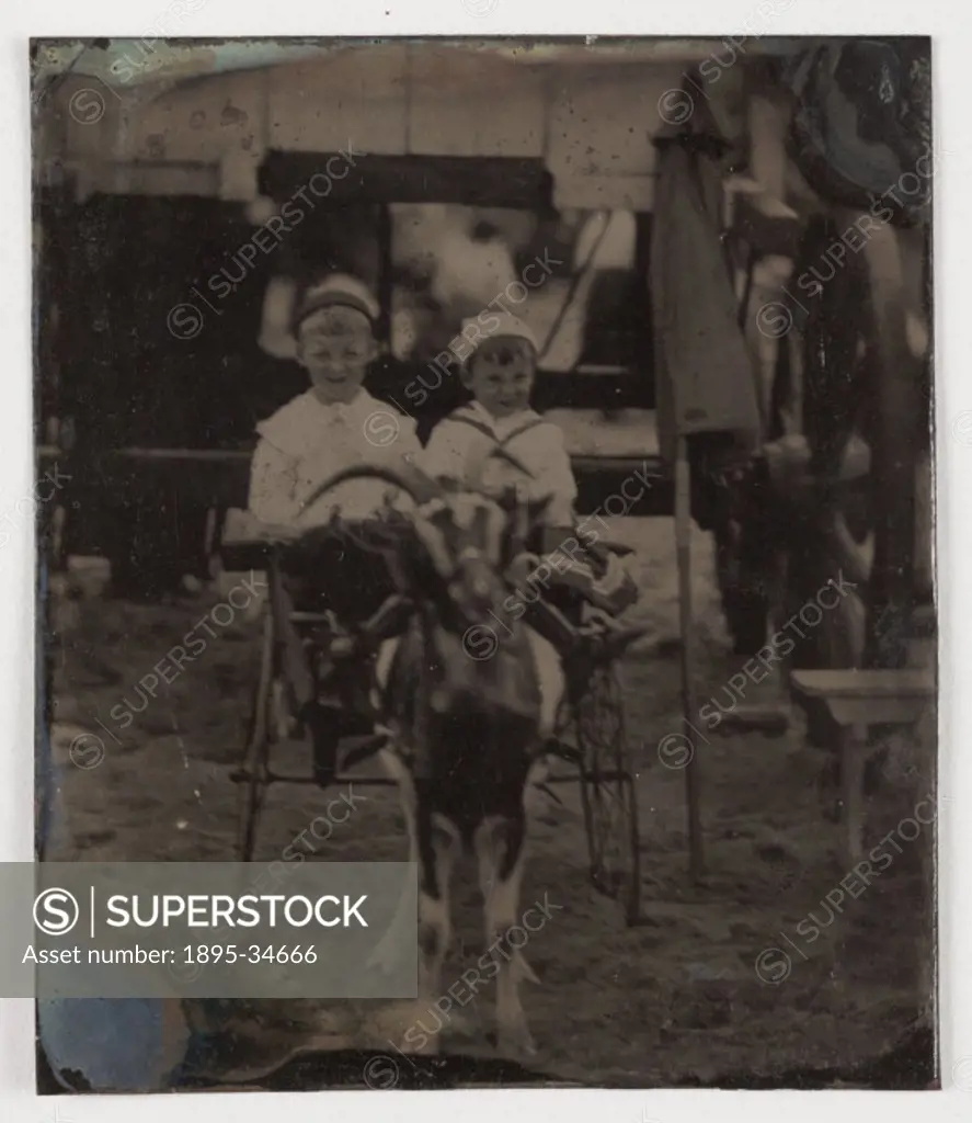 A tintype photograph of two young boys riding in a goat cart at the seaside,  taken by an unknown photographer in about 1880.  Goat carts, along with ...