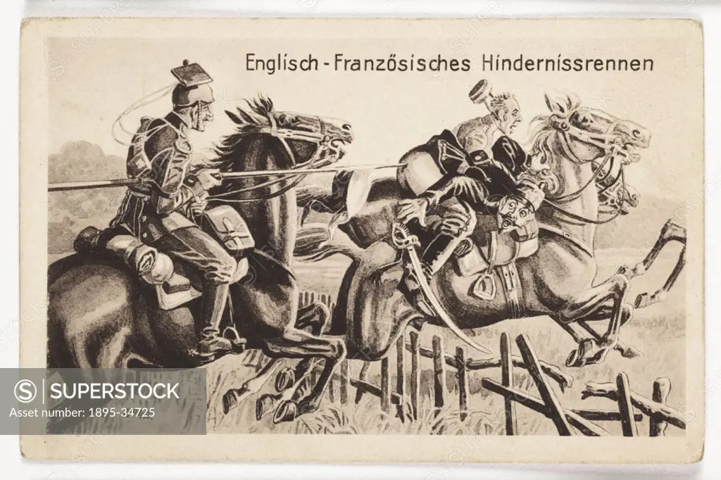 A German propaganda postcard showing a German lancer chasing British and French cavalrymen over a fence, drawn by an unknown artist in about 1916.  Th...