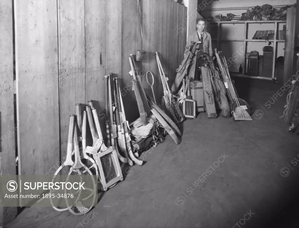 Sports equipment at Paddington station´s lost property office, London, 17 October 1933.   Lost property offices sent property back to the owner if the...