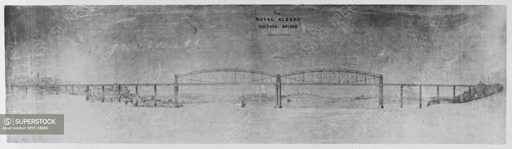 Drawing of the construction of the Royal Albert Bridge, Saltash, about 1855. The bridge was built by Isambard Kingdom Brunel after an Act of Parliamen...