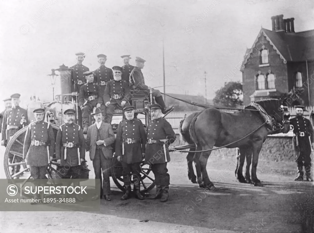 Firemen and fire fighting equipment at Swindon works, 1901.   Large railway works had their own fire crews as fire was a great hazard in the days of s...