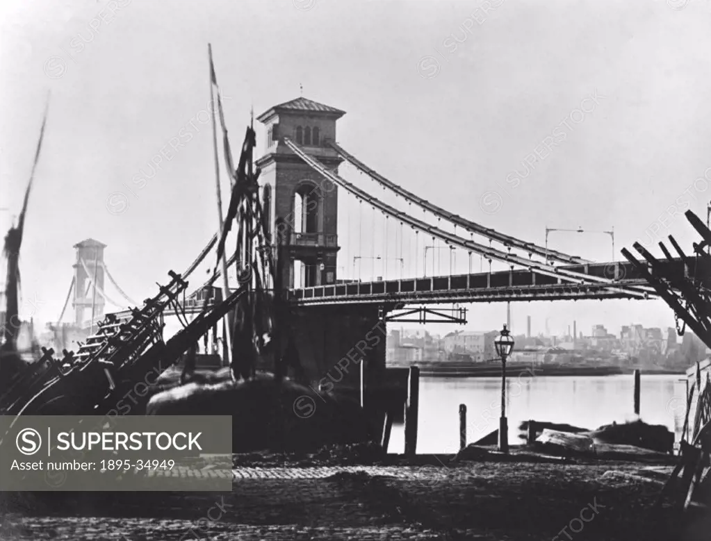 Hungerford Suspension Bridge, London, about 1858.  The bridge was designed by Isambard Kingdom Brunel and opened in 1845. It was originally built as a...