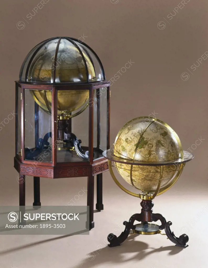 This pair of globes were made by George Adams, instrument maker to the king, for King George III. The terrestrial globe shows the route of Admiral Geo...