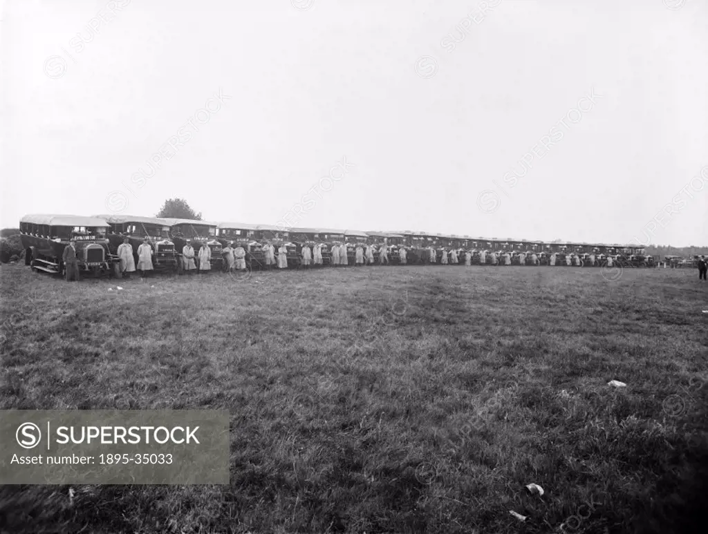 Charabancs at Ascot, 16 June 1920.   These open topped passenger cars, also called observation cars, were part of a motor show to parade the different...