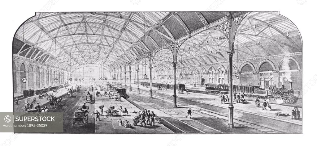 A drawing of the interior of Paddington Station, about 1860.   Paddington was originally built from wood in 1838 as a temporary structure but was soon...
