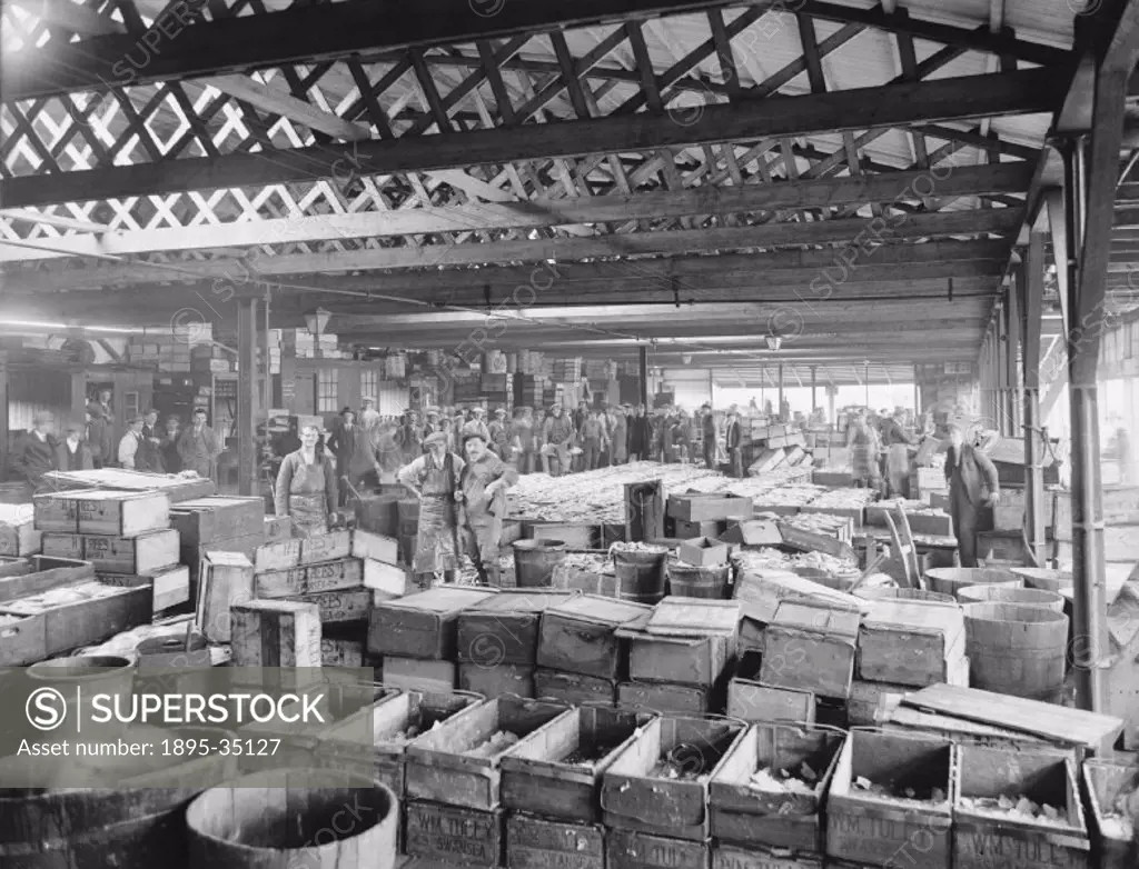 Boxes of fish at Swansea docks fish market, March 1924.   At this time Swansea docks was dealing with 15,000 tonnes of fish every year. Most of the We...
