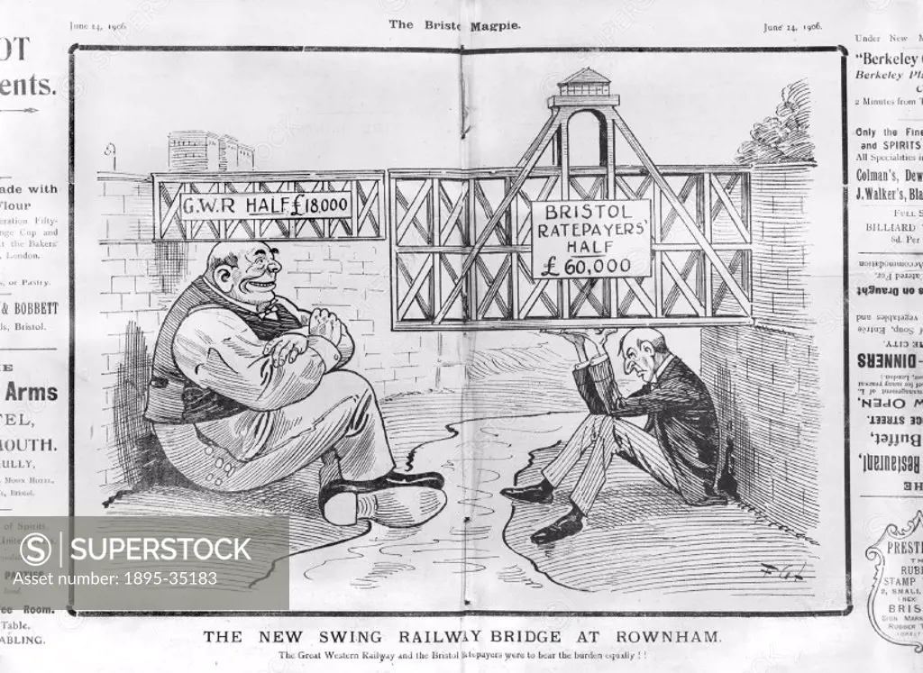 A cartoon showing the tax burden that the railways were putting on the public, 1906.   The Great Western Railway paid £18,000 for the construction of ...