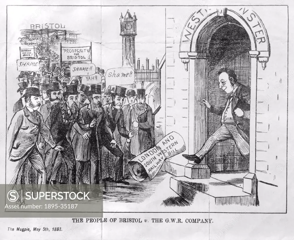 A cartoon depicting a London & South Western Railway bill being rejected by Parliament, 1883. The L & SWR, who ran the railway lines south of Bristol,...