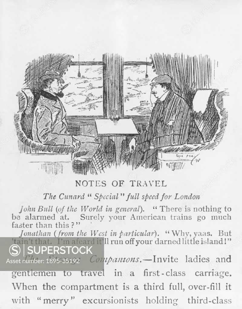 A cartoon depicting an American and a British passenger on the Cunard Special boat train, about 1910.   The British passenger is reassuring the Americ...