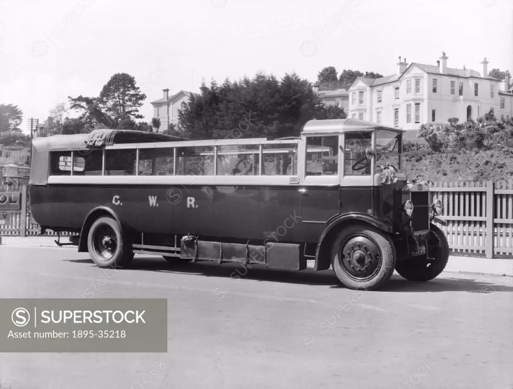 Charabanc at Torquay, Devon, 1927. These vehicles, also called observation cars, had glass panels at the sides and a roof that could be rolled back in...