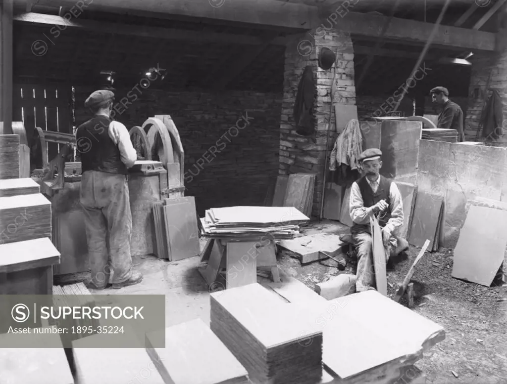 The workers are cutting and smoothing the slate ready for sale. The railway at Blaenau Ffestiniog opened in 1836, to carry slate to the port of Portma...