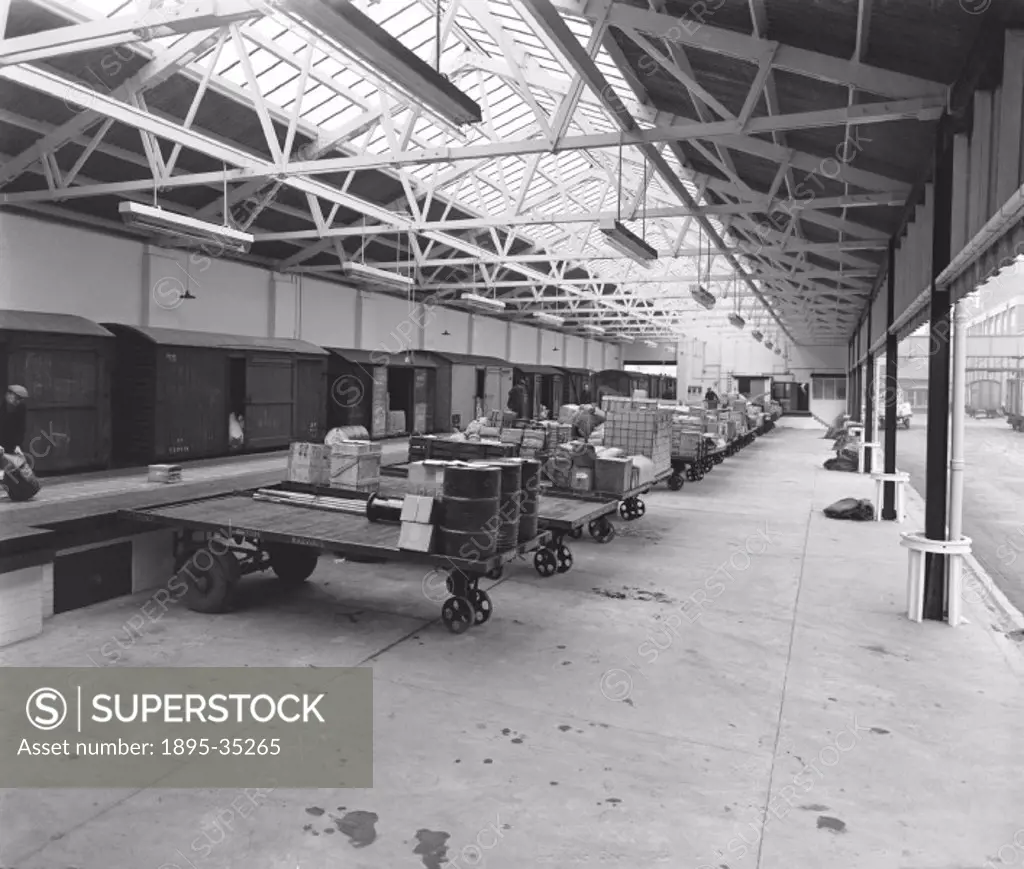 Goods depot at Grimsby central market, 5 February 1957. This market dealt with a variety of goods, including fish, which was transported all over Brit...