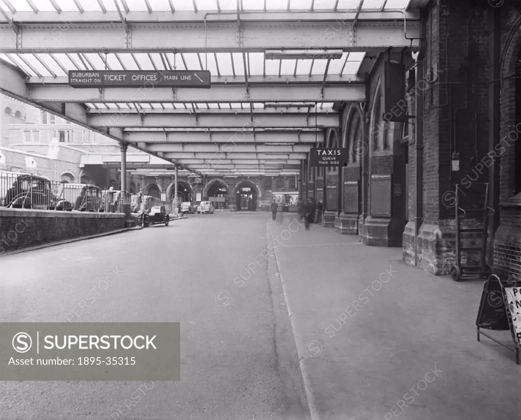 Entrance to Liverpool Street station, London, 23 June 1955.   By the start of the 20th century Liverpool Street was the busiest terminus in London and...