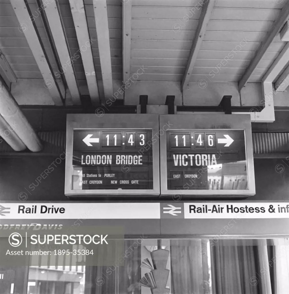 Automatic departure board at Gatwick Airport railway station, 26 October 1970. The panels on the board flip over to give passengers updated informatio...