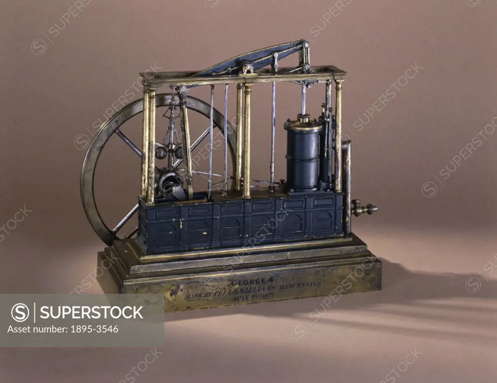 Model showing the steam engine in its final form at a time when steam engines were beginning to make a significant contribution to industry. It has a ...