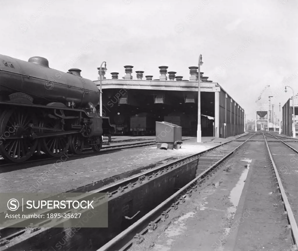 Locomotive in Ipswich motive power depot, 28 April 1958.  This locomotive shed, built by the Great Eastern Railway, was opened in the 1860s for the st...