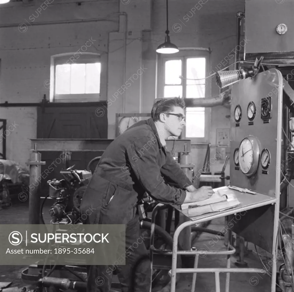 Apprentice worker at Stratford works, London, 20 February 1961.  At this time apprentices started work at locomotive works when they left school at 16...