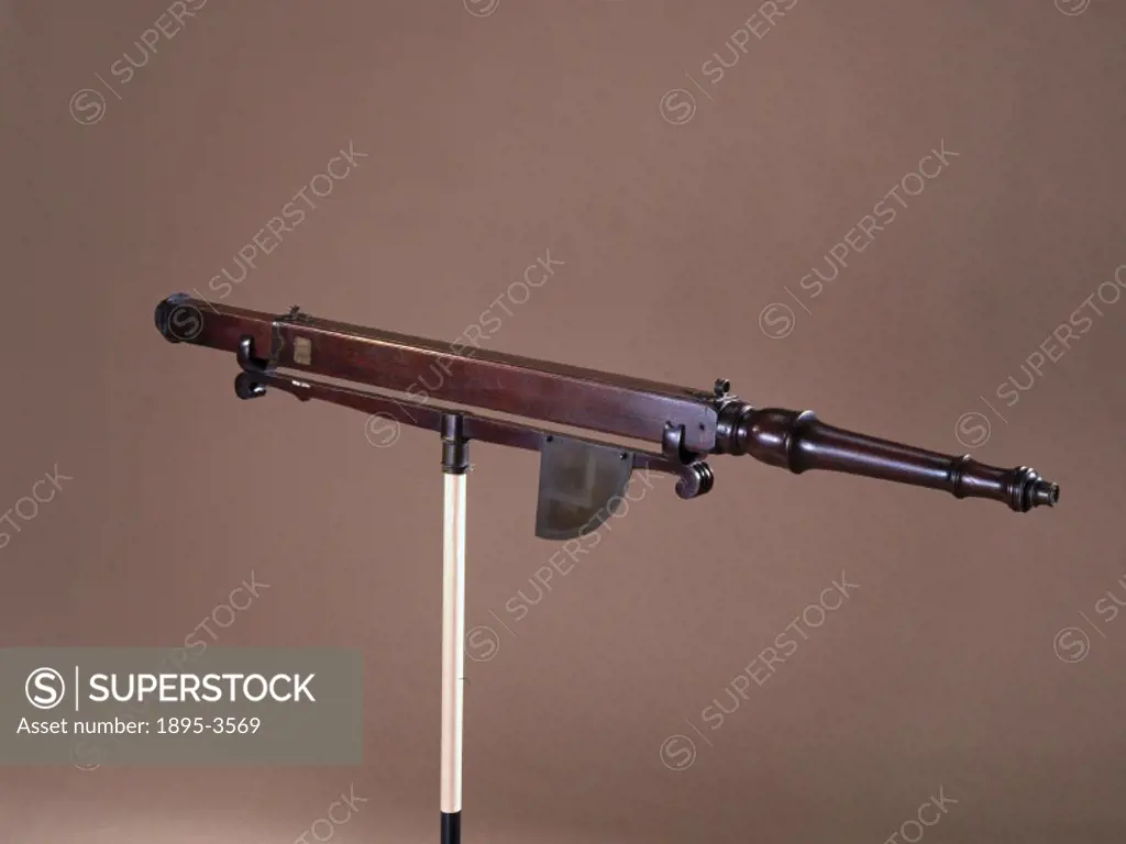 This telescope, with a brass quadrant and a mahogany bracket, was made by William Robertson, who was primarily a microscope maker. It was probably use...