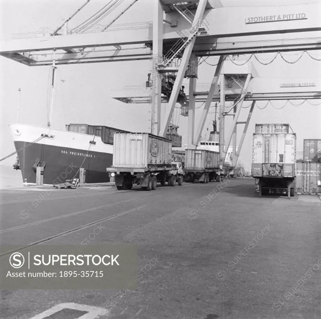 Containers being loaded onto the ´Brathey Fisher´ at Parkeston Quay, Essex, 26 September 1971.  This ferry took cargo from Harwich to Belgium and Holl...