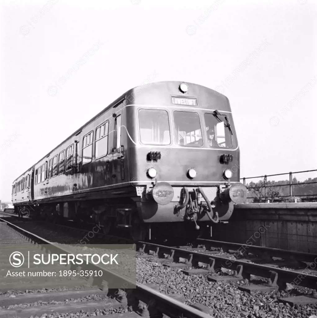 Diesel railcar at Norwich, Norfolk, 1 March 1957. The train is travelling to Lowestoft. Railcars are self propelled passenger units, comprising of one...
